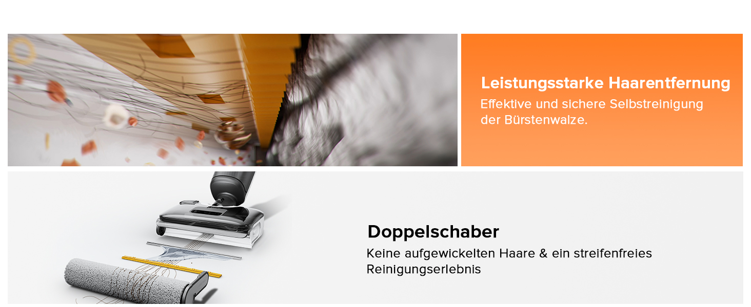 Nahaufnahme eines Staubsaugerkopfes mit doppeltem Schiebemechanismus und grauer Bürstenwalze, abgebildet auf einem Holzboden mit deutscher Textüberlagerung