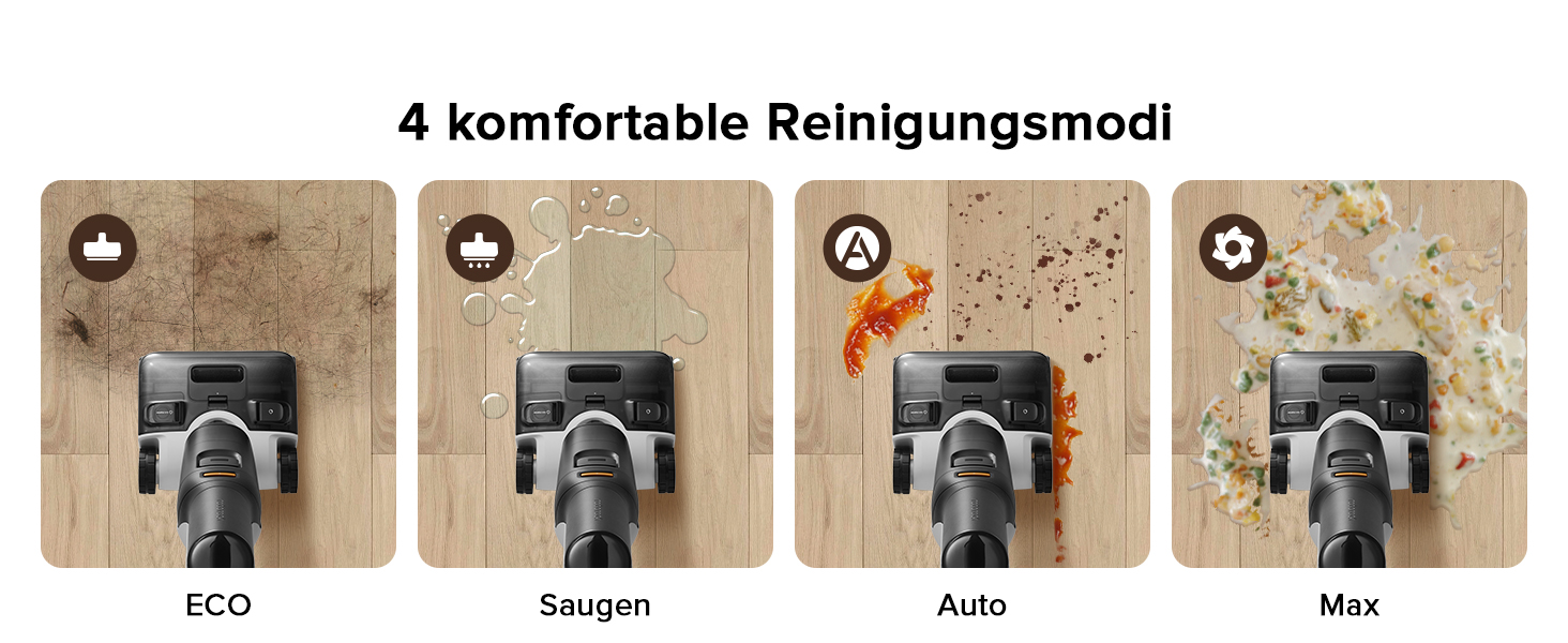 Vier Symbole für den Reinigungsmodus werden auf strukturiertem Hintergrund angezeigt und zeigen die Einstellungen Eco, Suction, Auto und Max für ein Gerät an