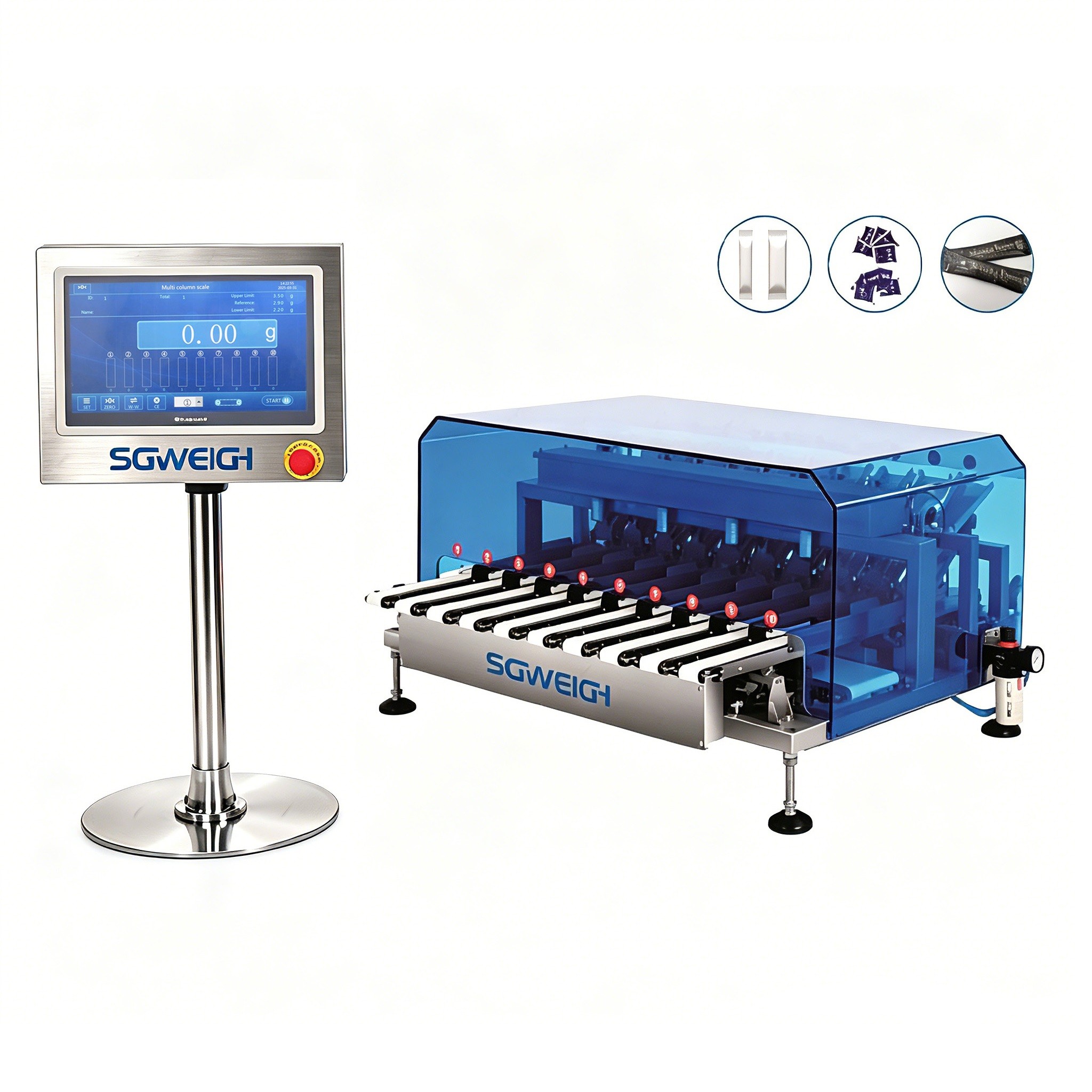 Multi-lane sachet packing line checkweigher