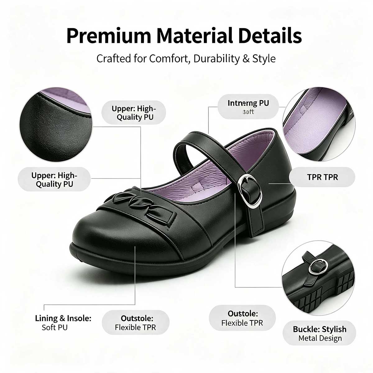 1789713918812119.jpg Black mary jane school shoes infographic showing premium PU material and flexible TPR outsole