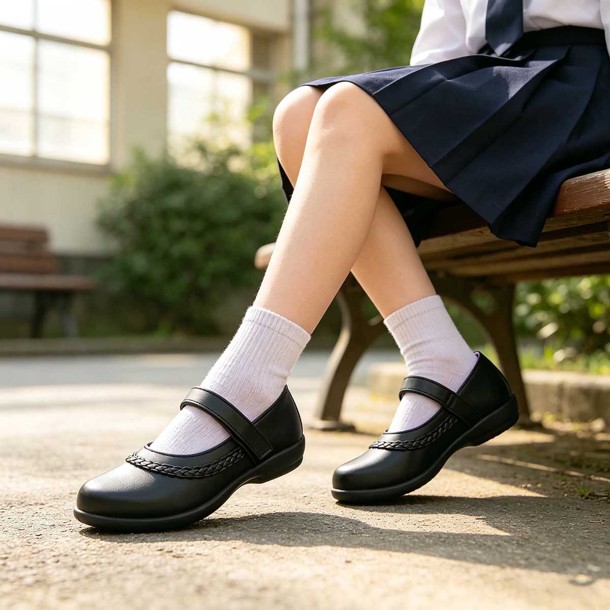 1789719780796092.jpg Girl wearing black mary jane school shoes with braided trim sitting on outdoor wooden bench