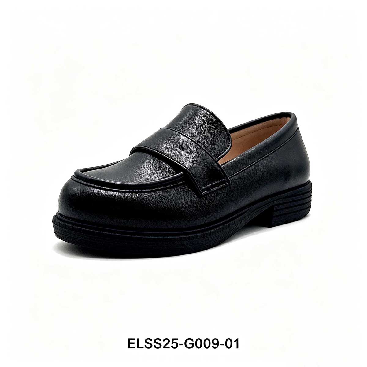 1789746548566690.jpg Kids loafer style black school shoe side view, PU upper and sturdy anti-slip TPR outsole