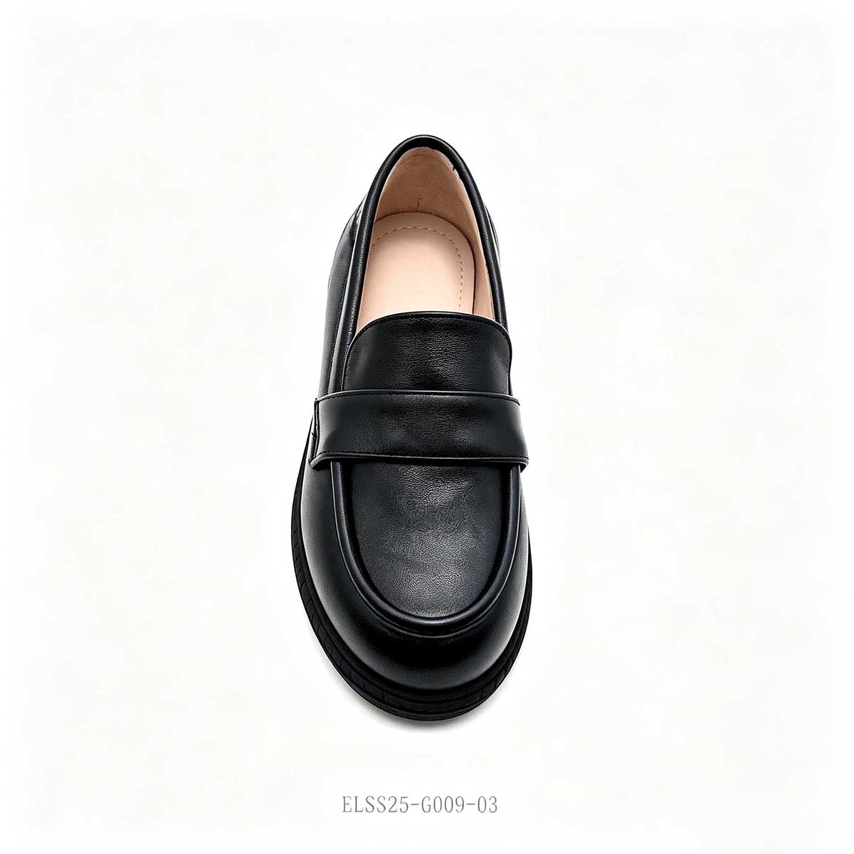 1789746561632149.jpg Top down view of kids black loafer school shoe, smooth PU upper slip-on design