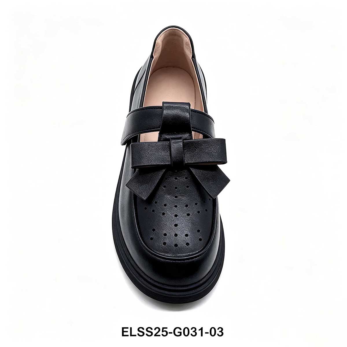 1789747146589338.jpg Top down view of girls mary jane school shoe with bow and perforated breathable toe panel