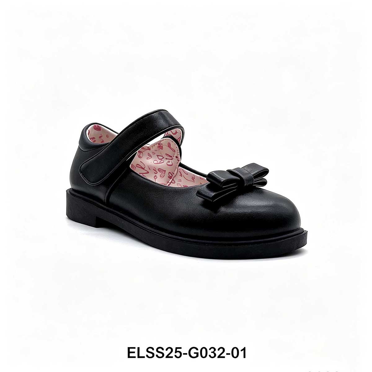 1789748522645400.jpg Girls black mary jane school shoe with front bow and heart printed inner lining, side profile view