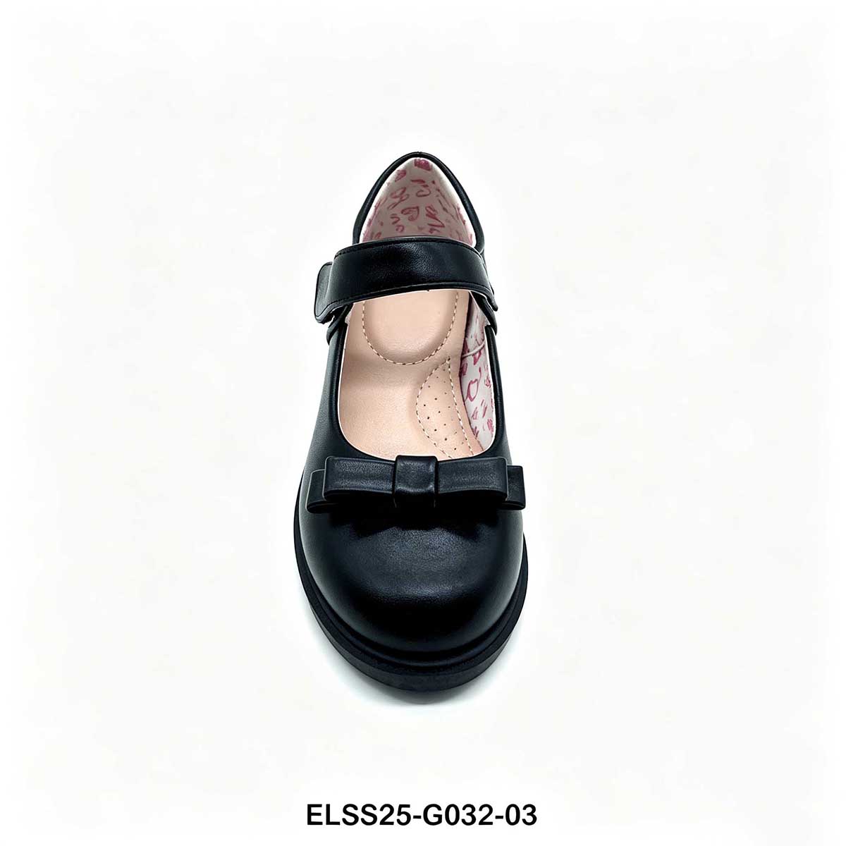 1789748568478614.jpg Top down view of girls mary jane school shoe with bow decoration and heart pattern insole lining