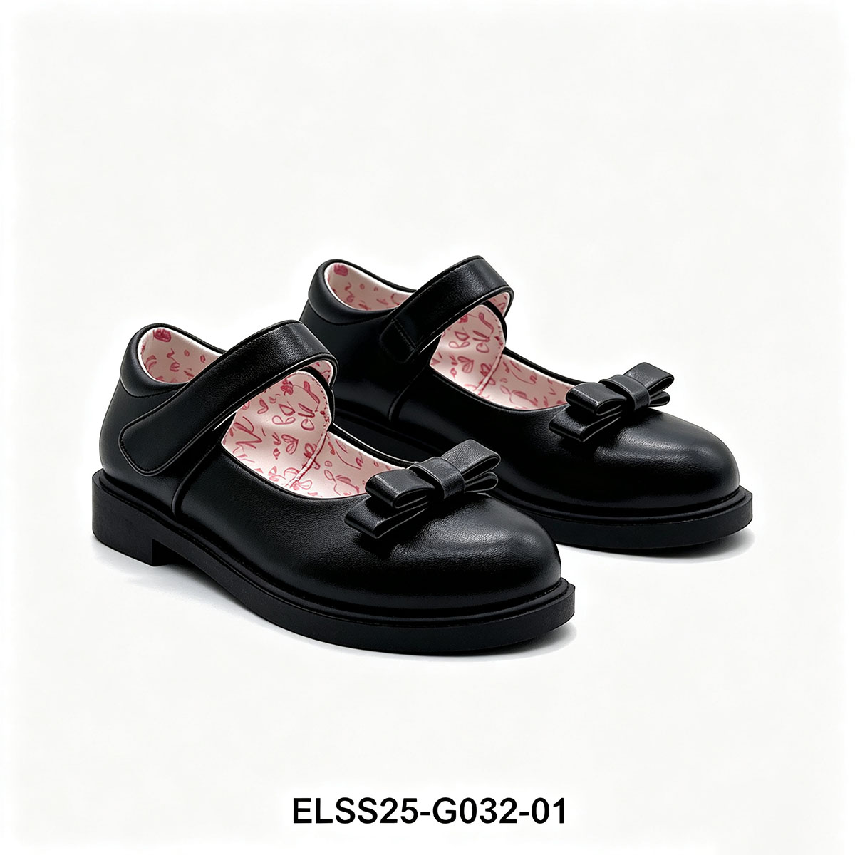1789748572119330.jpg Pair of girls black mary jane school shoes with bow and lovely heart printed lining for school uniform