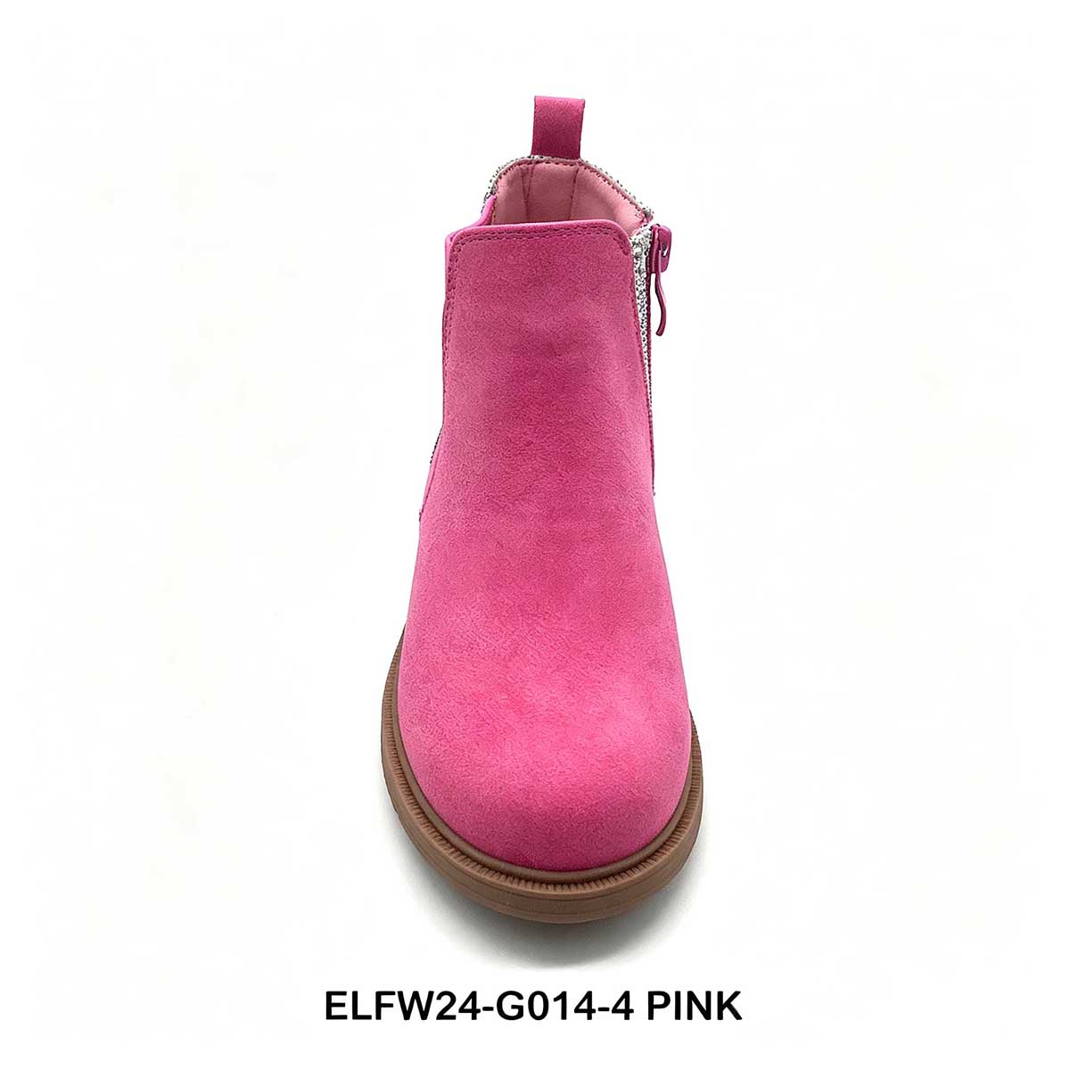 1789792868776583.jpg Top down front view of pink glitter kids chelsea ankle boot with pull tab
