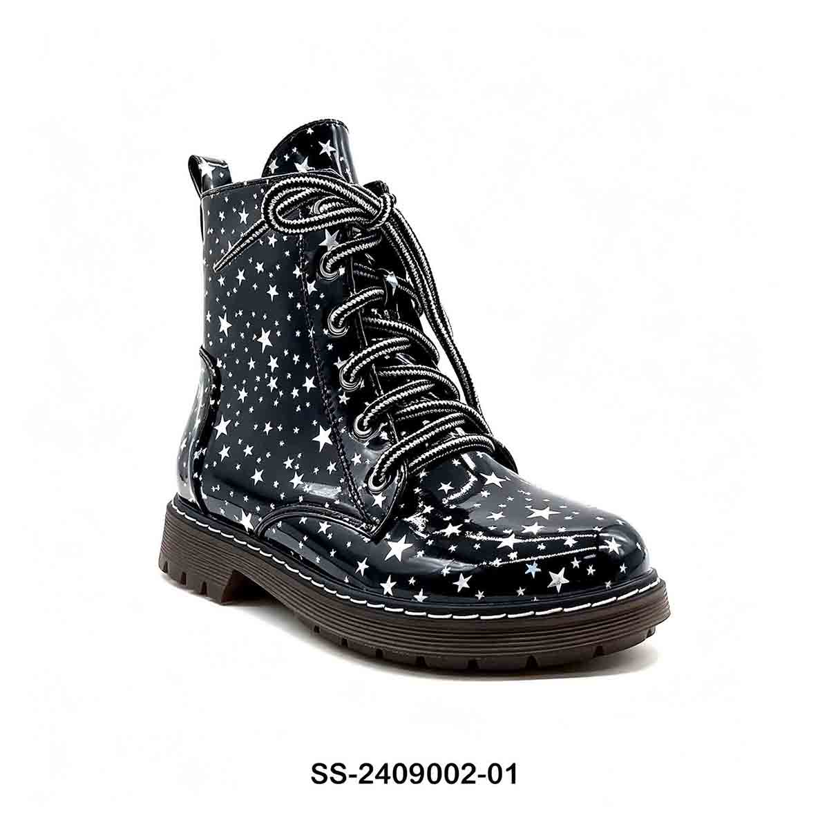 1789795434897004.jpg Glossy black kids combat martin boot with silver star print, outer side view on white background