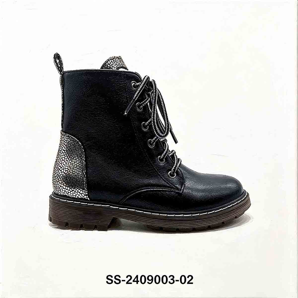 1789796343264637.jpg Rear side view of black kids lace up boot with snake print patch at heel and pull tab