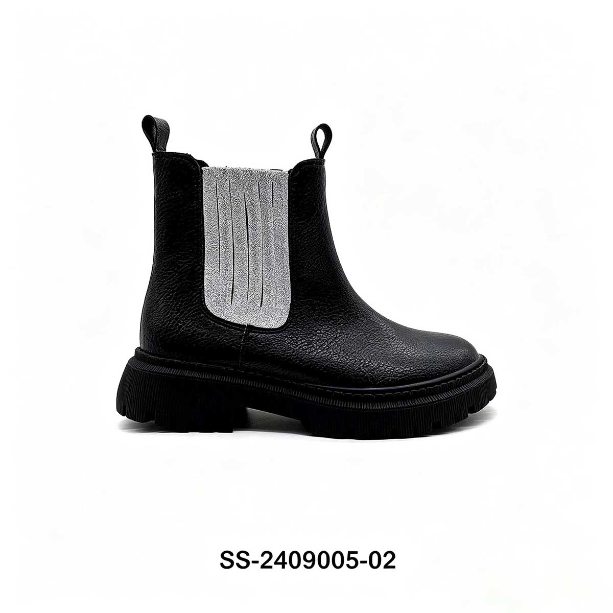 1789829688981778.jpg Side profile of black children chelsea ankle boot with silver glitter stretch elastic panel