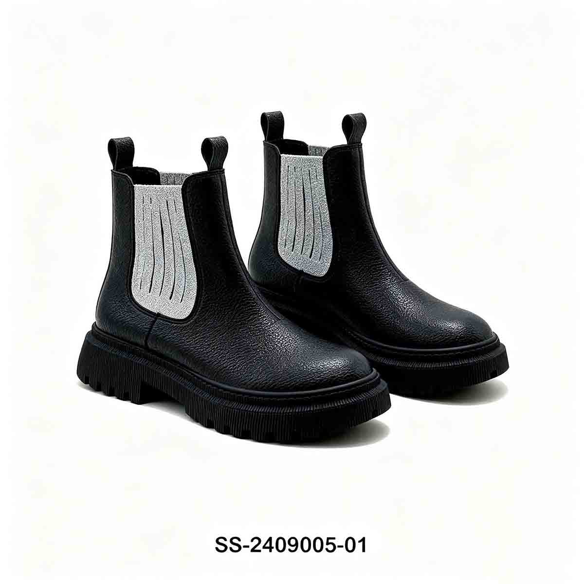 1789829698441955.jpg Pair of black chunky platform kids chelsea boots with silver glitter elastic panel on white background