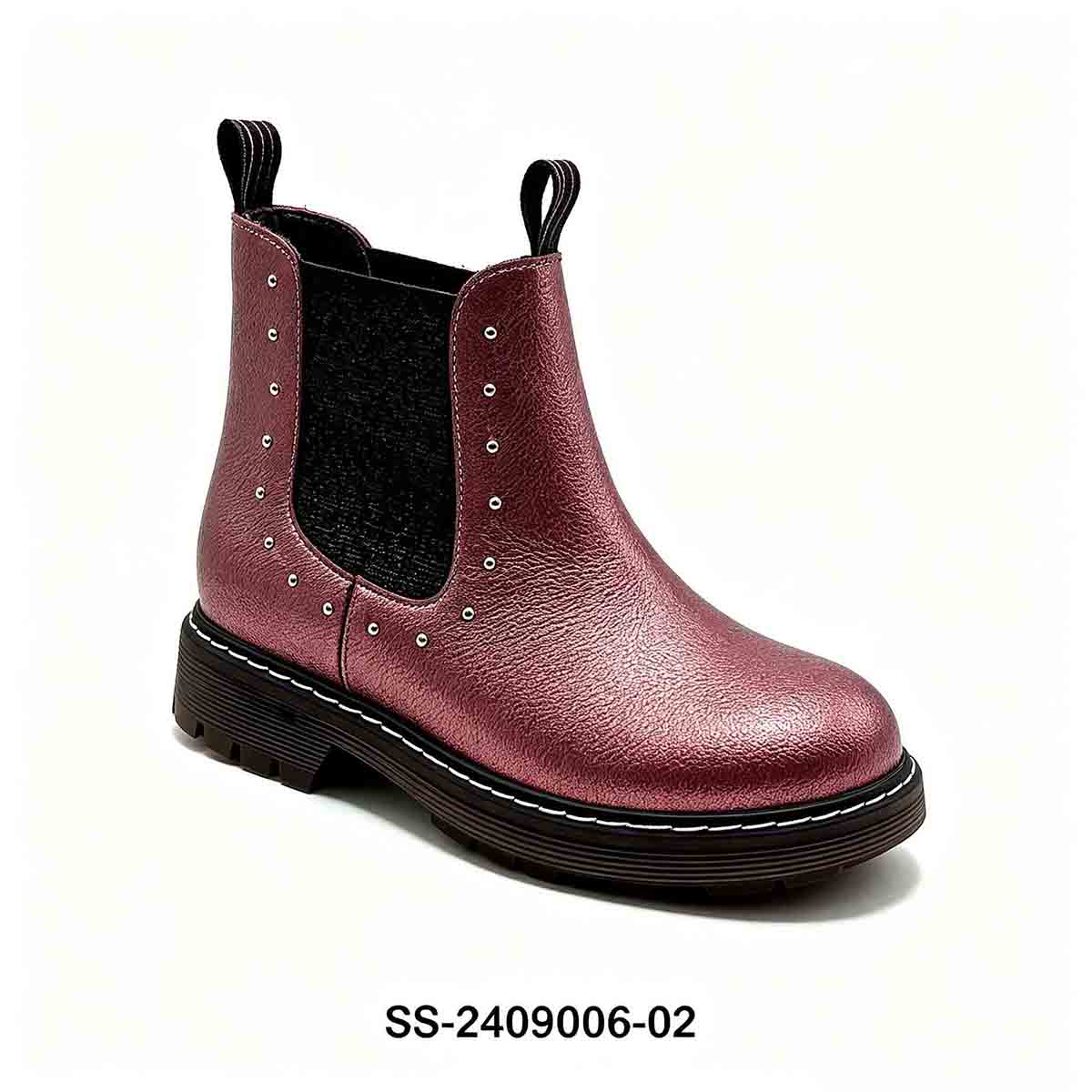 1789830649830026.jpg Metallic burgundy kids chelsea boot with metal rivet decoration, side view on plain white background