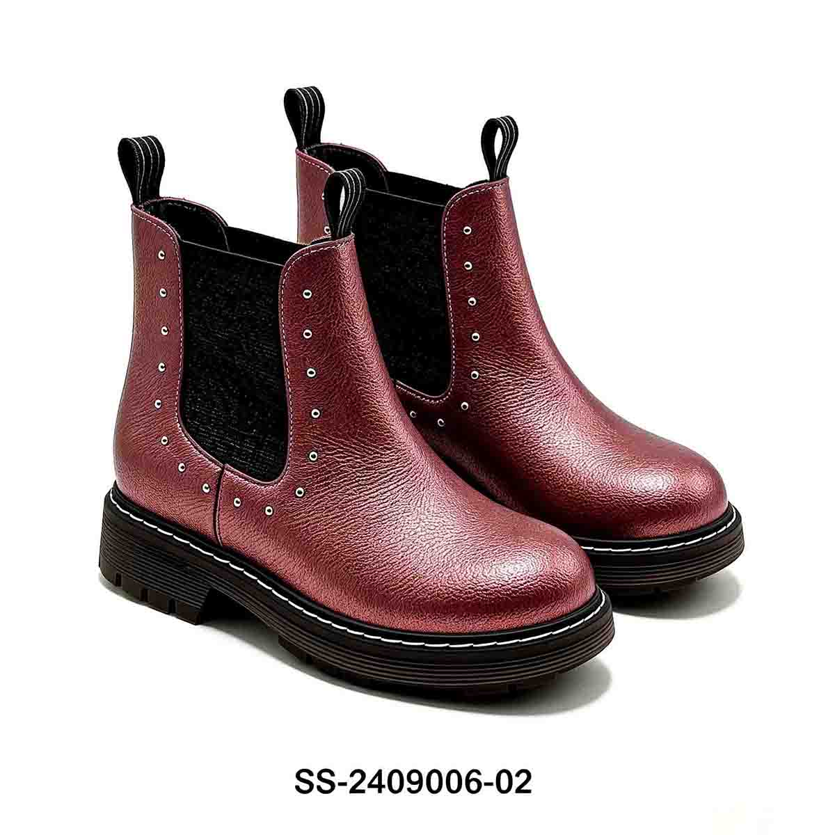 1789830666396174.jpg Pair of metallic burgundy kids chelsea ankle boots with rivet decor on clean white background