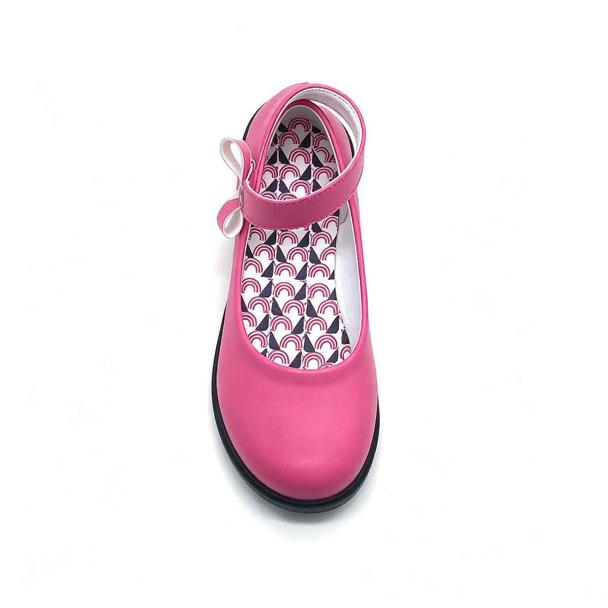 1789878245593016.jpg Top view of pink girls dress shoe showing rainbow printed insole