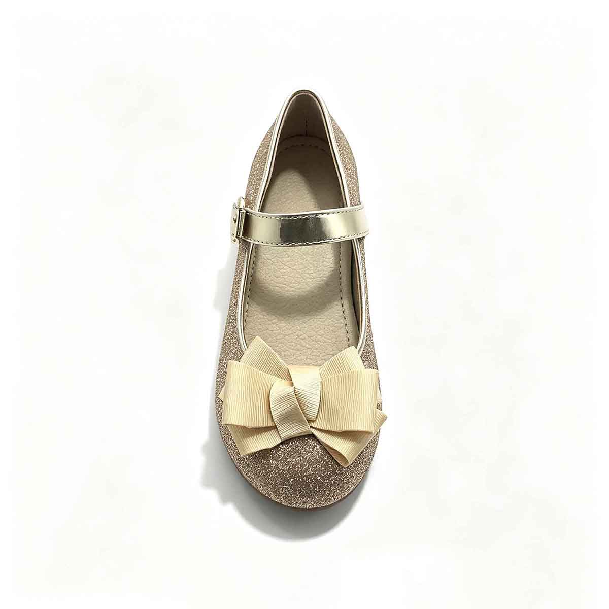 1789879107473693.jpg Top down view of golden glitter children dress shoe with metallic buckle strap