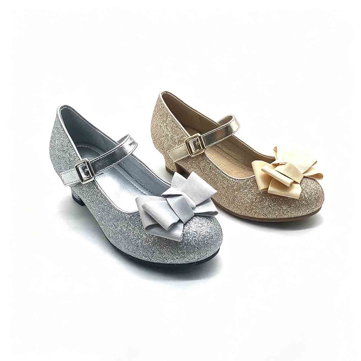 1789880045632930.jpg Group shot of silver and gold glitter girls Mary Jane low heel dress shoes