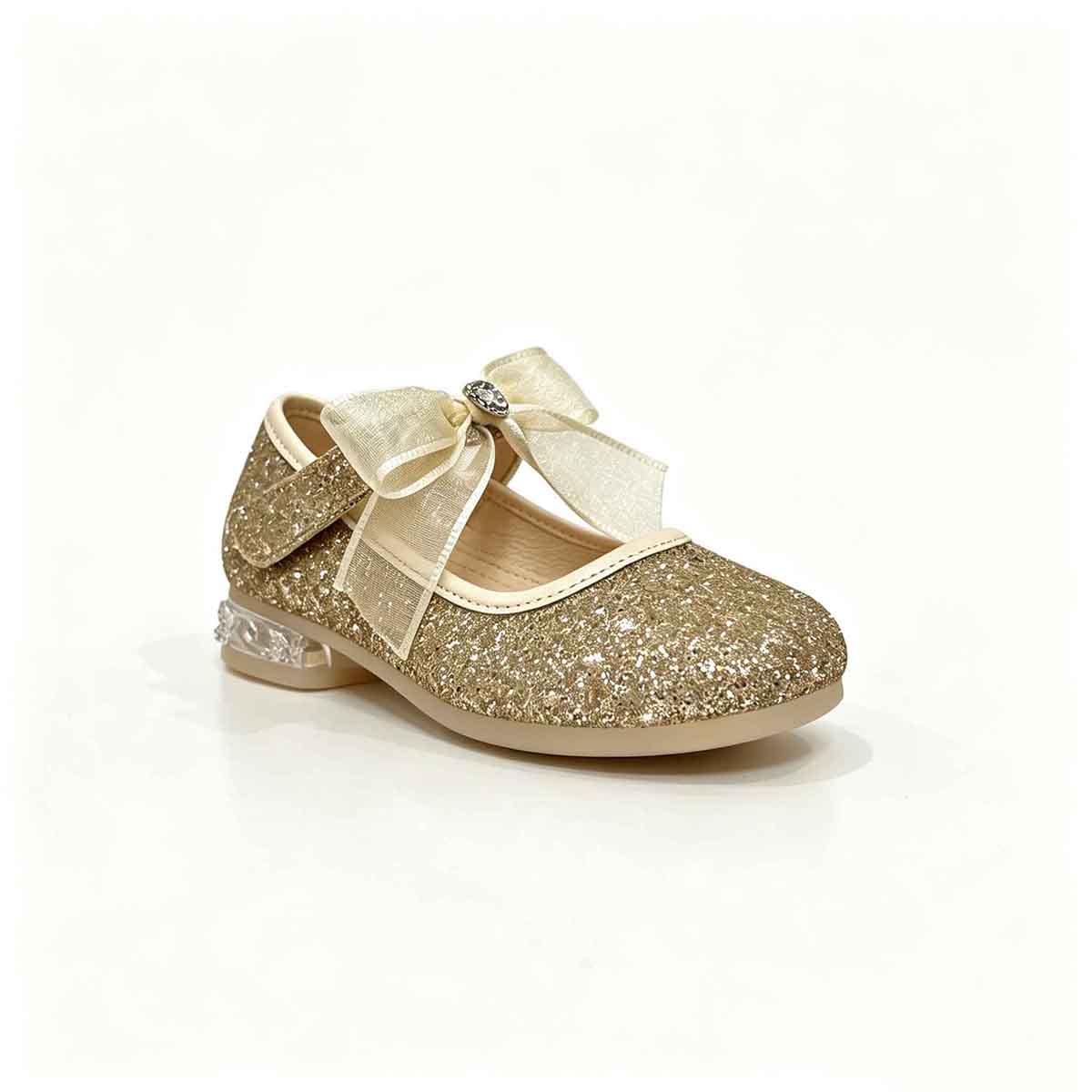 1789881864298196.jpg Gold glitter girls mary jane heel shoe side view with sheer organza bow decoration