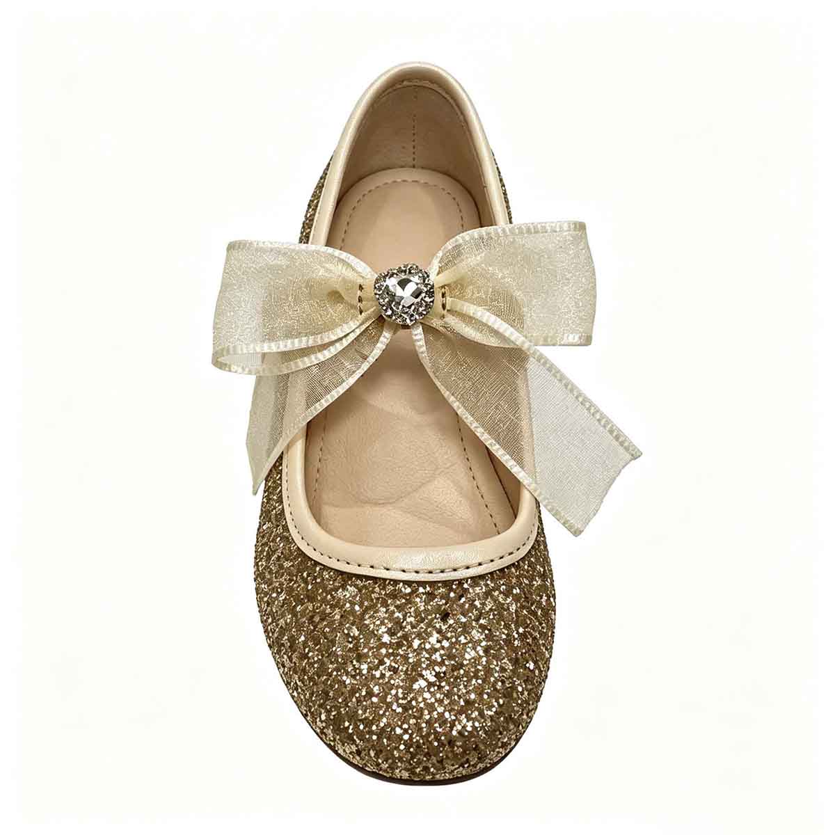 1789881877813585.jpg Top view gold glitter children dress shoe with rhinestone centered organza bow
