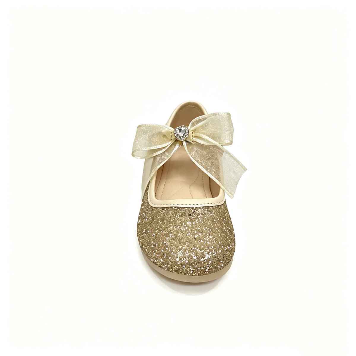 1789881882472962.jpg Overhead shot girls gold princess shoe with full glitter upper and bow ornament