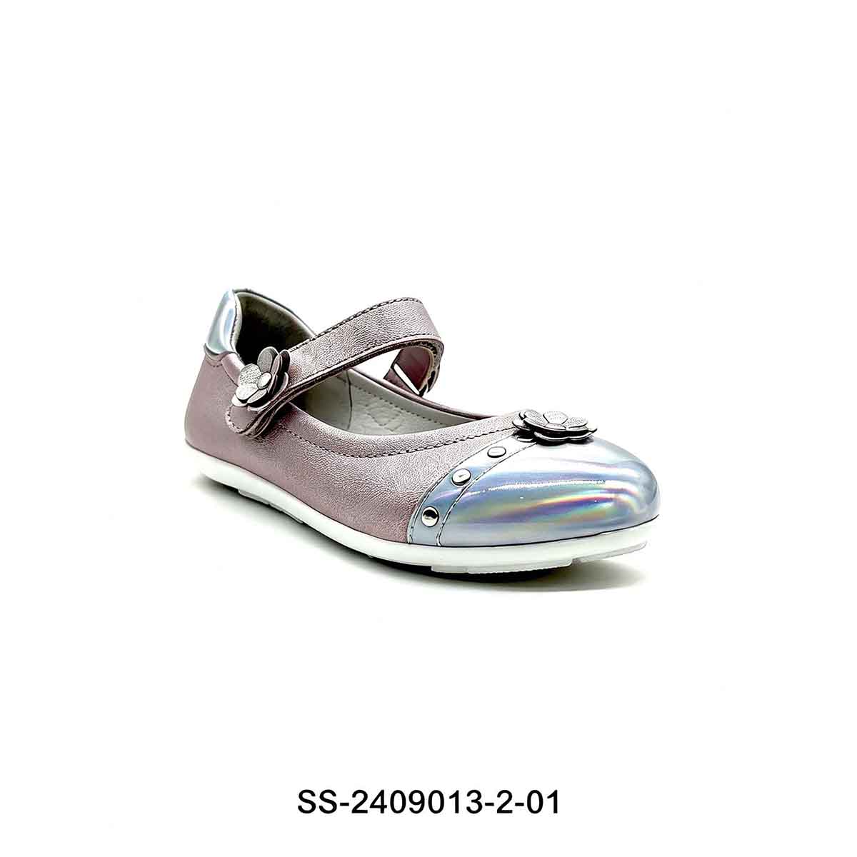 1789887117883576.jpg Metallic two tone girls mary jane flat shoe side view with 3D flower ornament