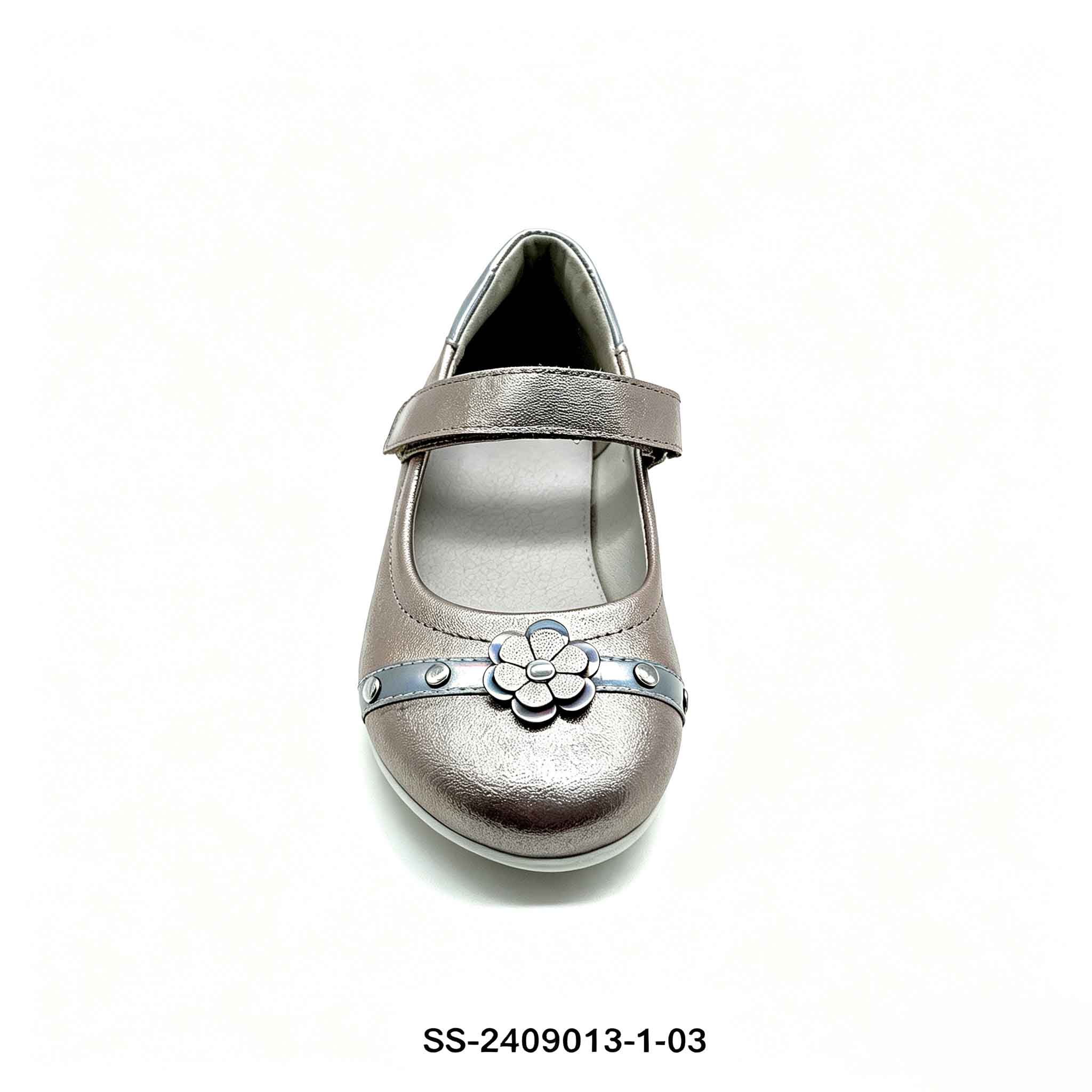 1789887131738584.jpg Top down view girls metallic mary jane flat shoe showing flower and rivet details