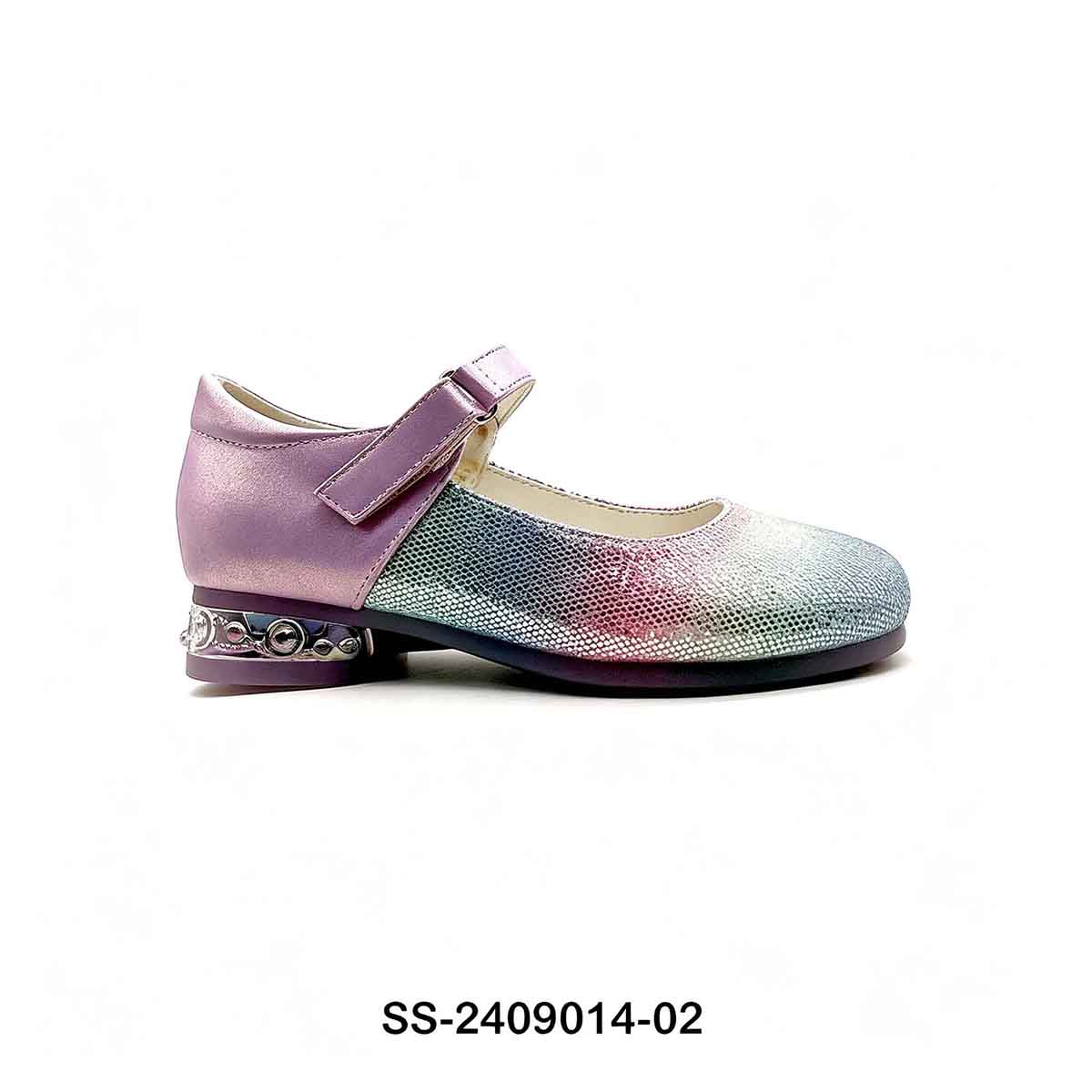 1789887558685352.jpg Side profile gradient glitter kids princess dress shoe with lavender metallic heel counter