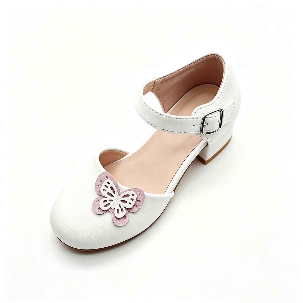 1789887990393646.jpg Top down view girls white ankle strap heel sandal showing butterfly ornament