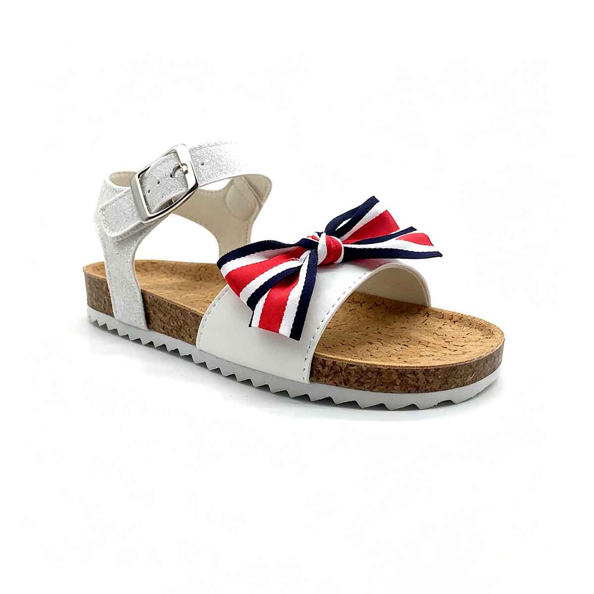 1789888979726600.jpg Girls cork footbed sandal side view with striped bow and glitter ankle strap