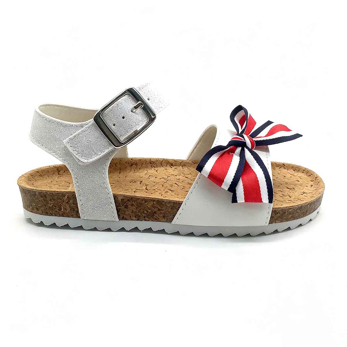 1789888983674902.jpg Side angle kids summer cork sandal with red navy striped bow and metal buckle