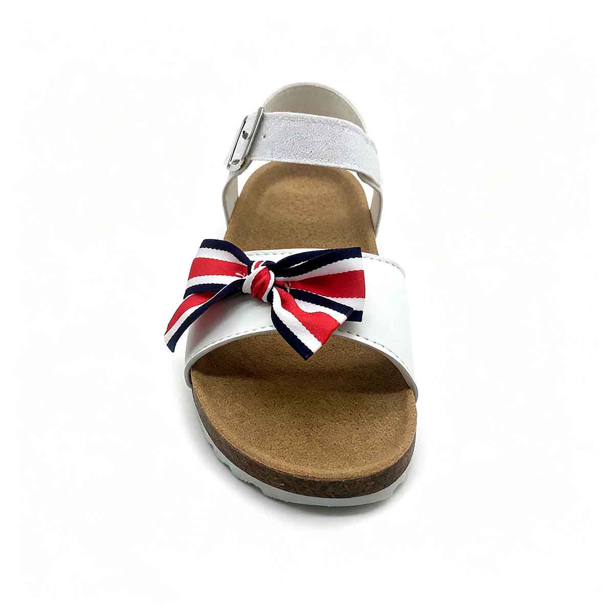 1789888987404085.jpg Top down closeup view girls cork footbed sandal showing fabric striped bow