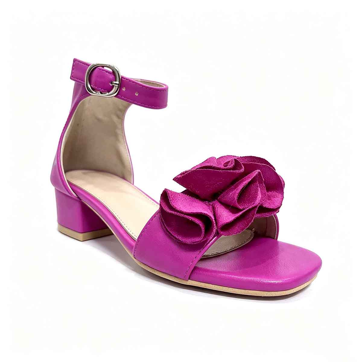 1789890295496346.jpg Girls fuchsia block heel dress sandal side view with 3D ruffle flower