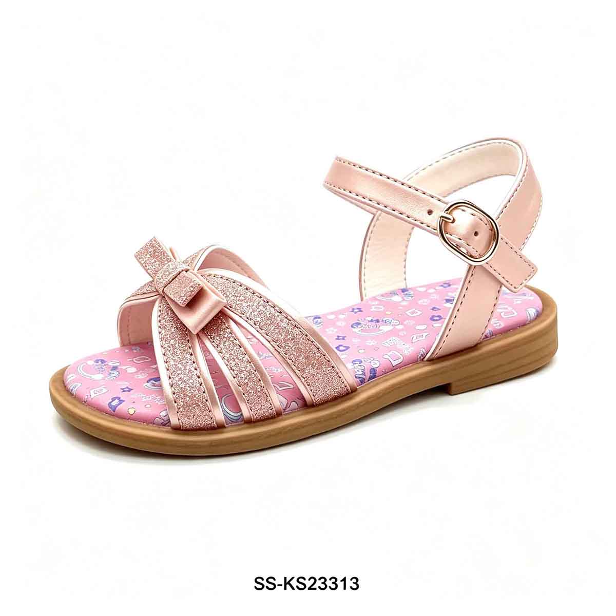 1789890821810783.jpg Closeup of girls summer sandal shiny glitter bow on front straps