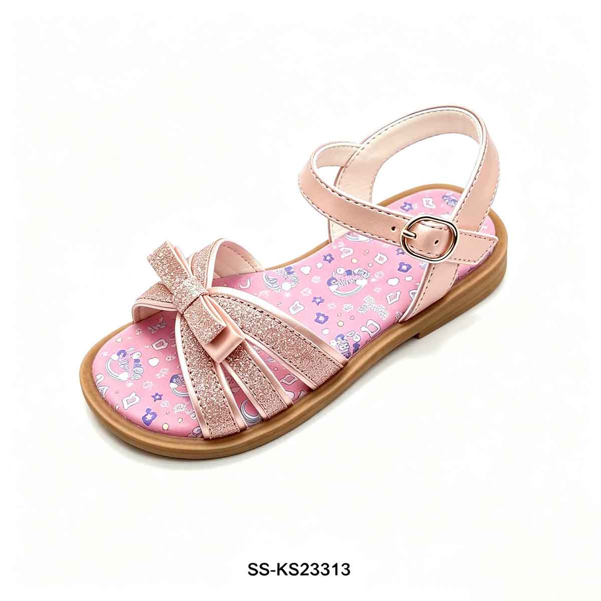 1789890831821606.jpg Side shot kids casual glitter bow sandal with lightweight wood look outsole