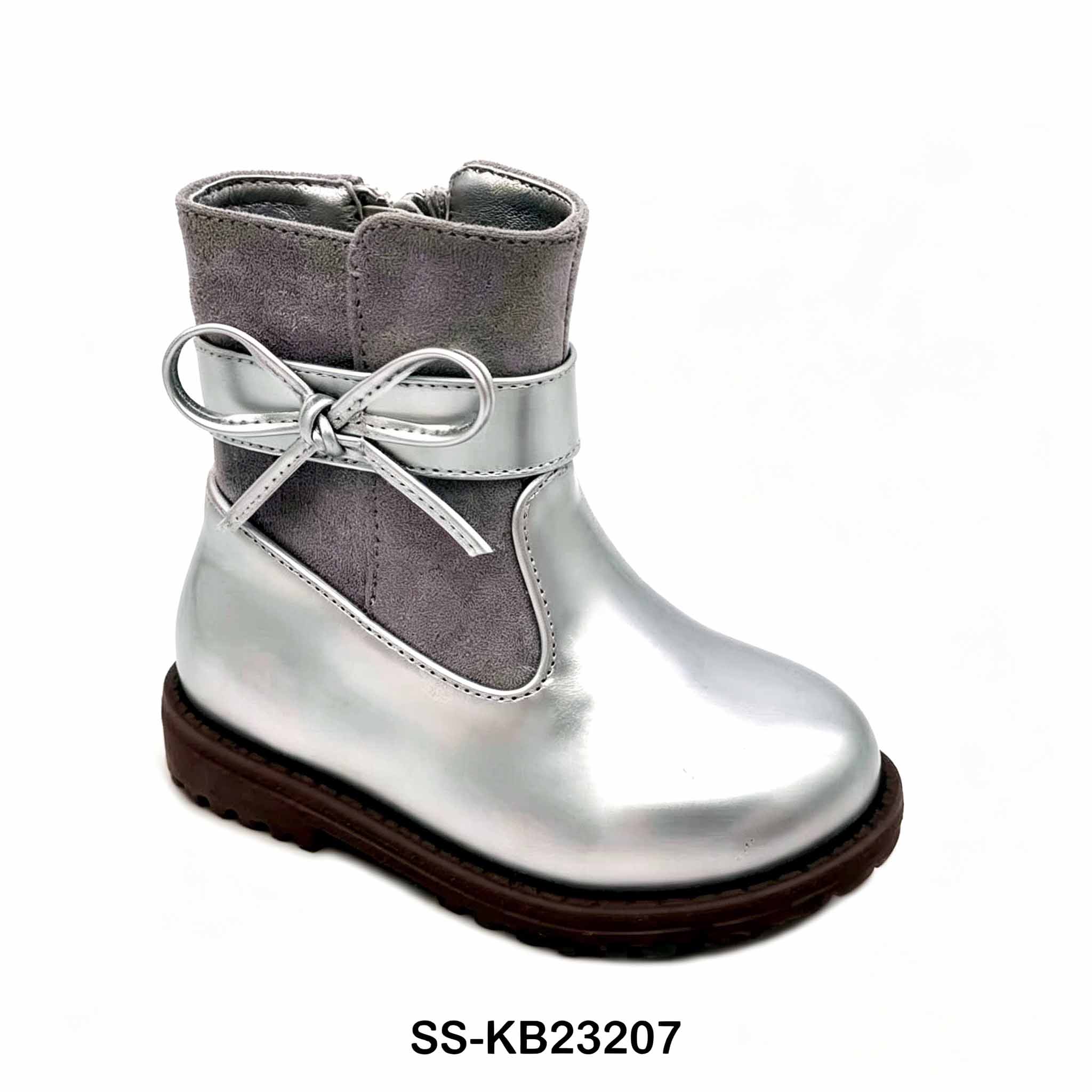 1789906433855611.jpg Side view toddler girls silver grey spliced mid calf boot with side bow decoration and lug sole