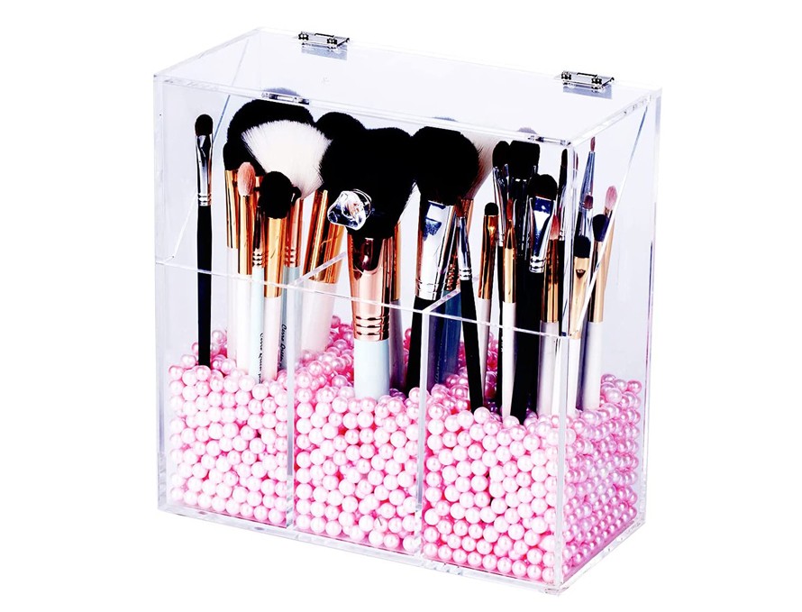 Durchsichtiger Make-up-Organizer aus Acryl mit 3 Pinselhaltern