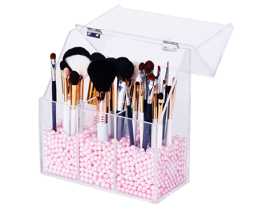 Organizador de maquillaje de acrílico transparente con 3 portaescobillas