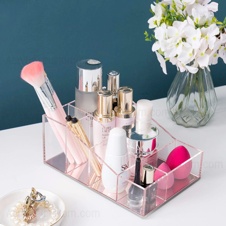 Organisateur de maquillage en acrylique transparent avec base miroir réfléchissante