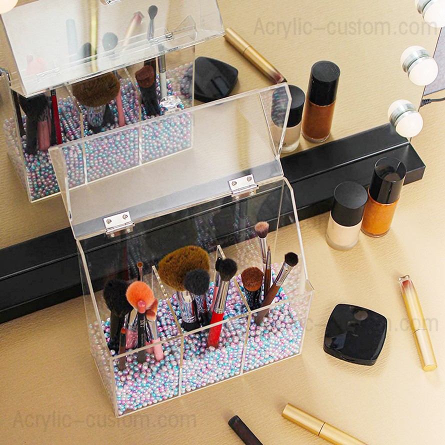 Organisateur acrylique transparent en gros avec couvercle pour porte-pinceau de maquillage