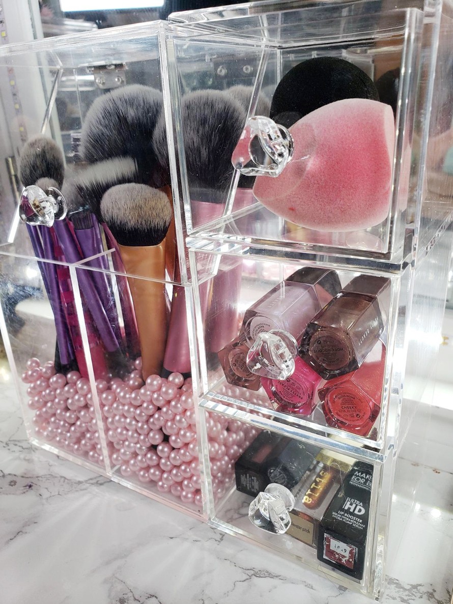 Clear Makeup Organizer with 2 Brush Holders and 3 Drawers