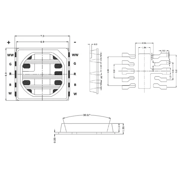 Custom High CRI>97 SMD 7070 RGBWW  LED Chip for Photography Lamps