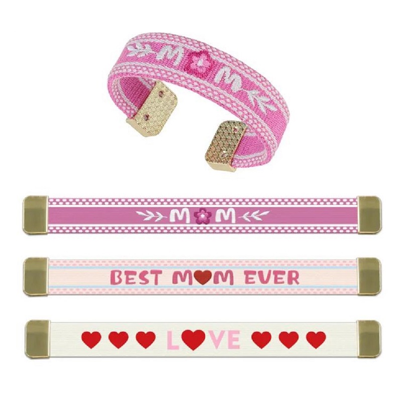 Custom Embroidered MOM Bangle Bracelet Pink Woven Cuff with Stainless Steel Inner Band