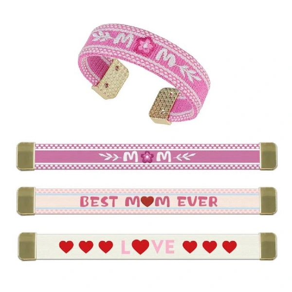 Custom Embroidered MOM Bangle Bracelet Pink Woven Cuff with Stainless Steel Inner Band