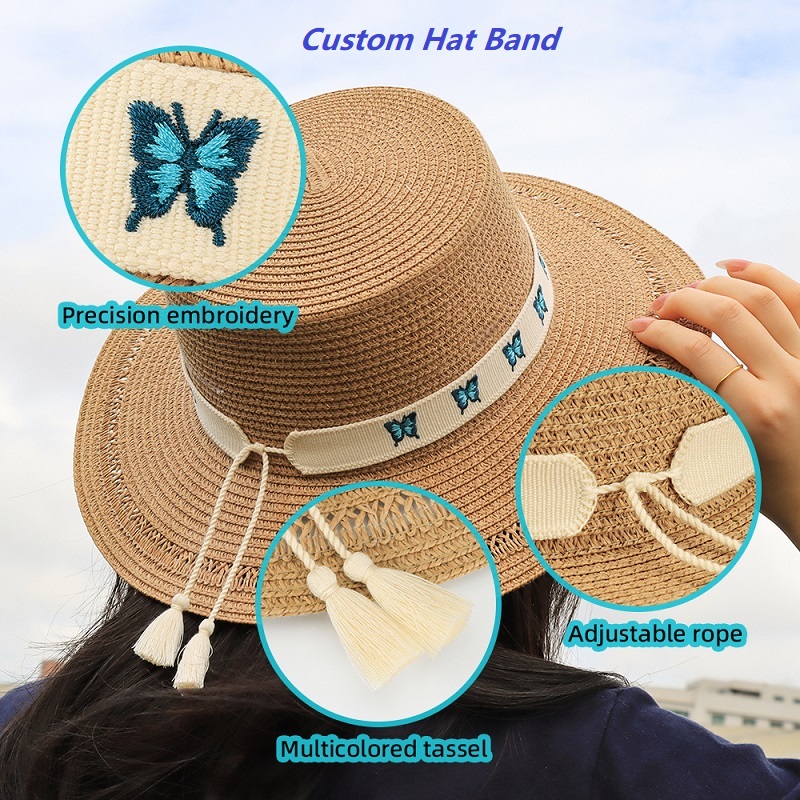 Personalized Hat Band with Embroidered Butterflies, Flowers, Evil Eye Motifs, and Custom Lettering – Adjustable to Fit Most Hats