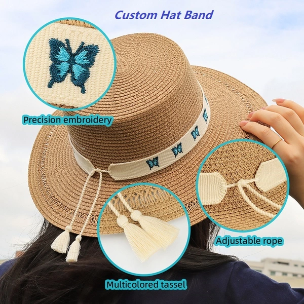 Personalized Hat Band with Embroidered Butterflies, Flowers, Evil Eye Motifs, and Custom Lettering – Adjustable to Fit Most Hats