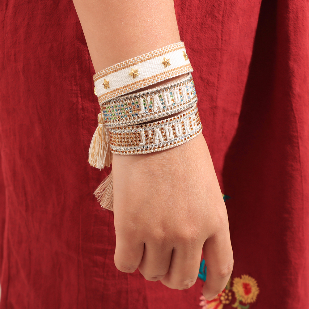 Tassel Bracelet with Lettering Jadore and Rhinestone Studs