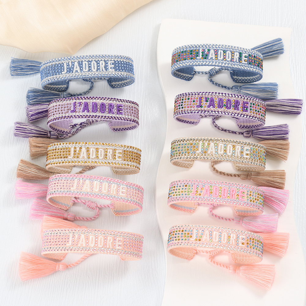 Tassel Bracelet with Lettering Jadore and Rhinestone Studs