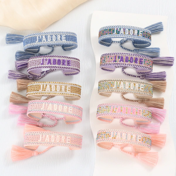 Tassel Bracelet with Lettering Jadore and Rhinestone Studs