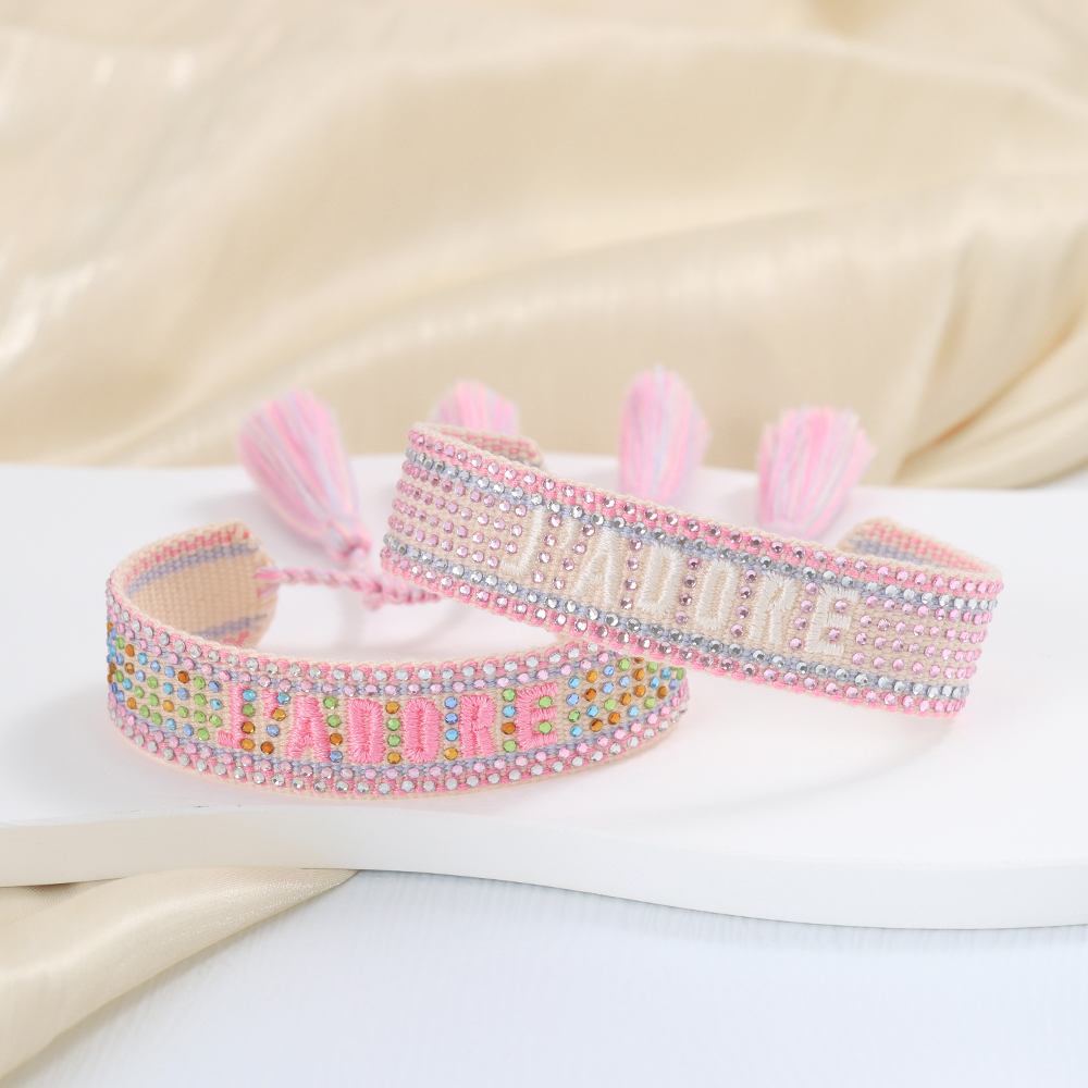 Tassel Bracelet with Lettering Jadore and Rhinestone Studs