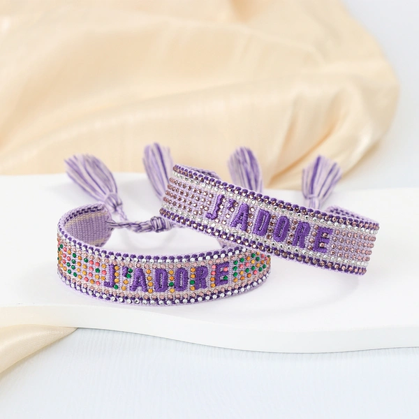 Tassel Bracelet with Lettering Jadore and Rhinestone Studs